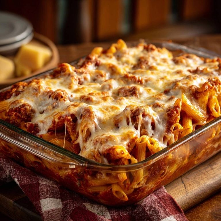 Herzhafter Penne-Auflauf mit Rinderhack, nahaufnahme der geschmolzenen Käseschicht und Nudeln in Auflaufform.
