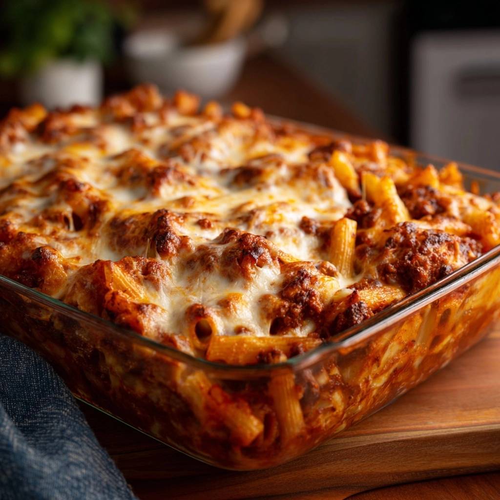 Herzhafter Penne-Auflauf mit Rinderhack, eine Nahaufnahme des geschmolzenen Käses und der saftigen Pasta in einer Auflaufform.