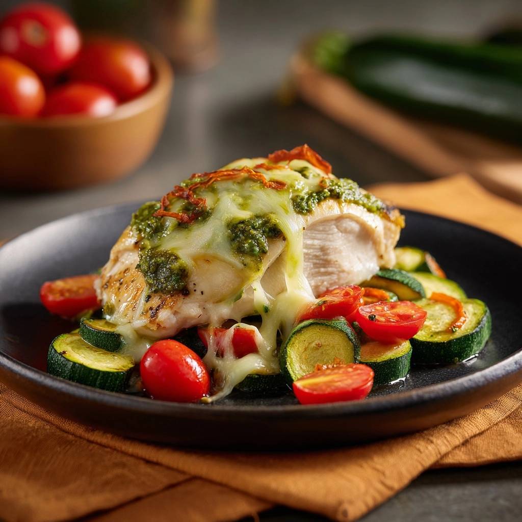 Pesto-Hähnchen mit Zucchini und Tomaten, überbacken mit geschmolzenem Käse und Pesto, serviert auf einem Teller
