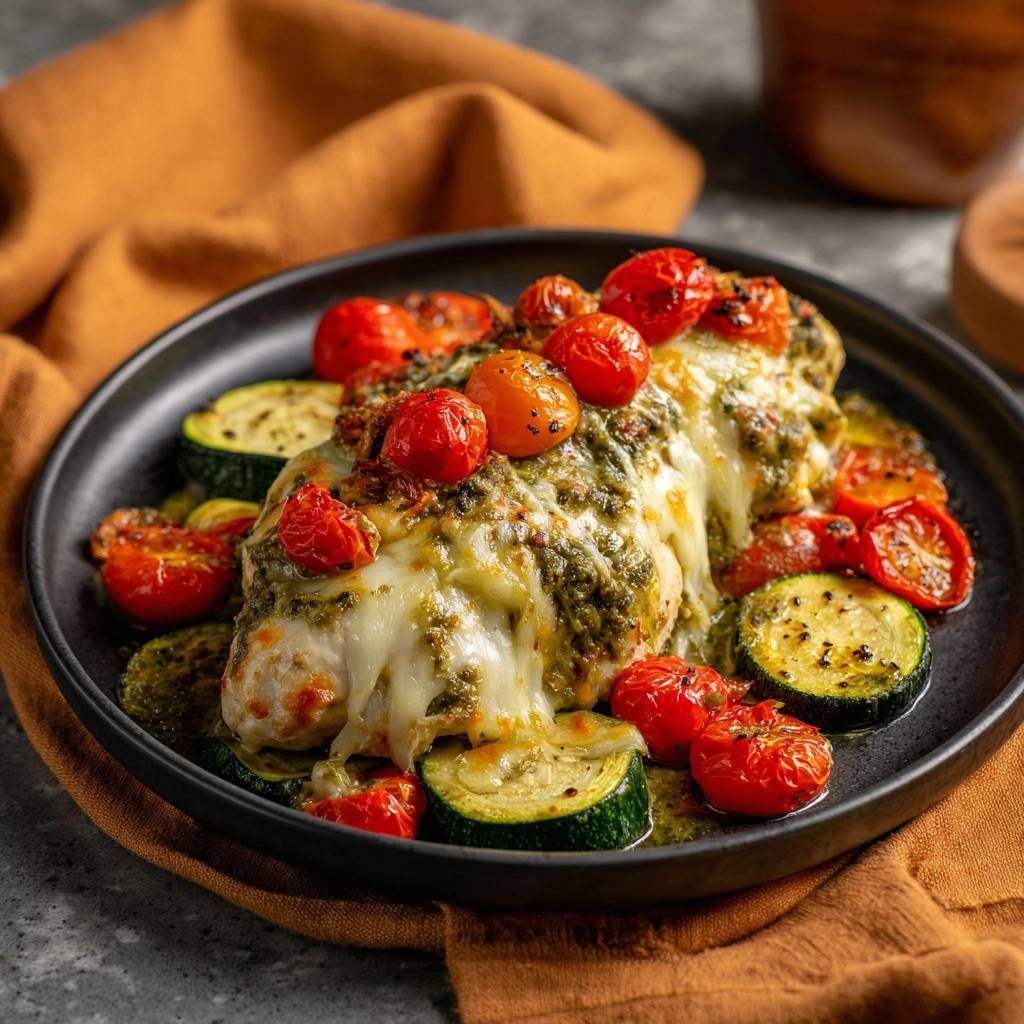 Pesto-Hähnchen mit Zucchini und Tomaten, übergossen mit geschmolzenem Käse und serviert auf einem Teller mit Gemüse.
