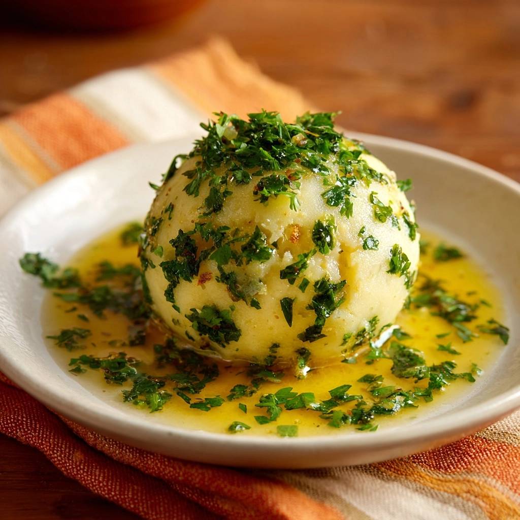 Petersilien-Kartoffelknödel, serviert auf einem Teller in einer Butter-Kräuter-Sauce, mit frischer Petersilie garniert.