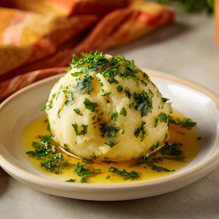 Petersilien-Kartoffelknödel garniert mit frischer Petersilie und serviert in Butter, ein detailreiches Bild.