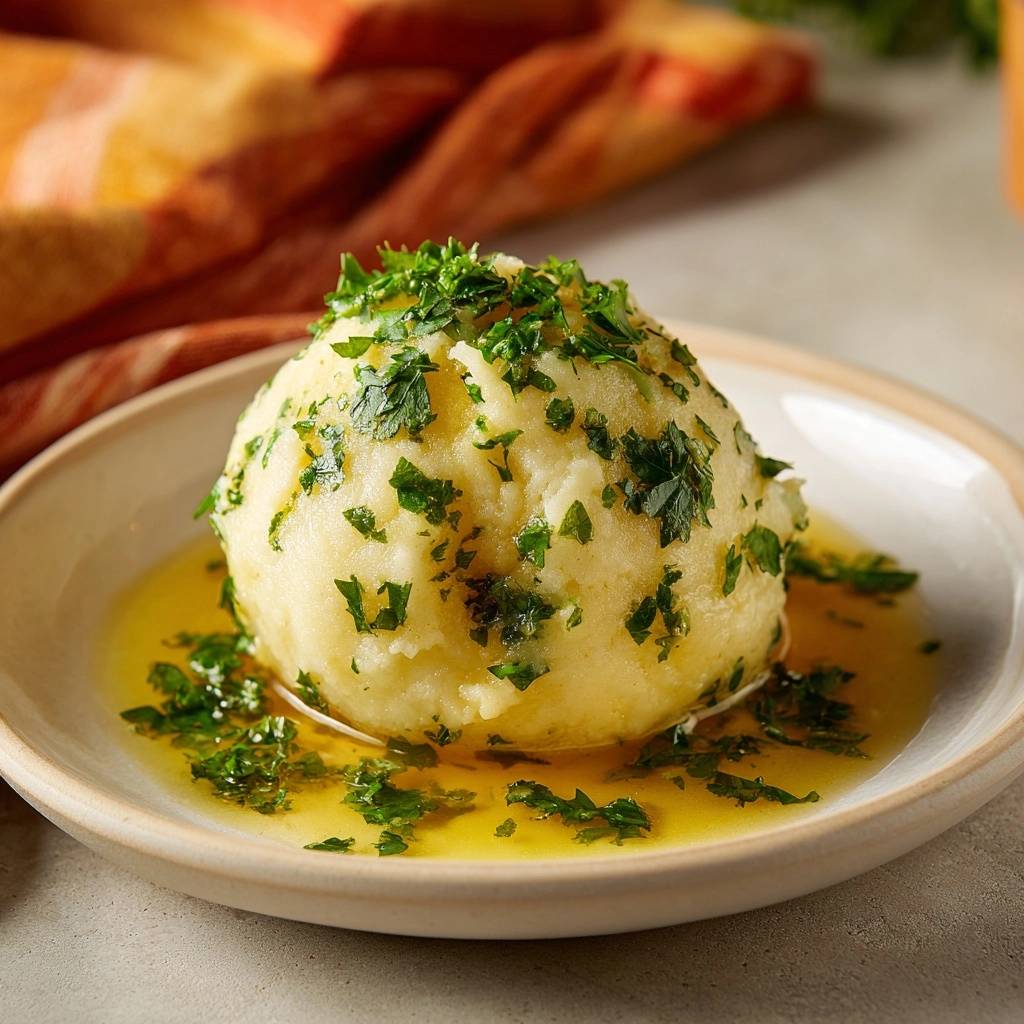 Petersilien-Kartoffelknödel garniert mit frischer Petersilie und serviert in Butter, ein detailreiches Bild.