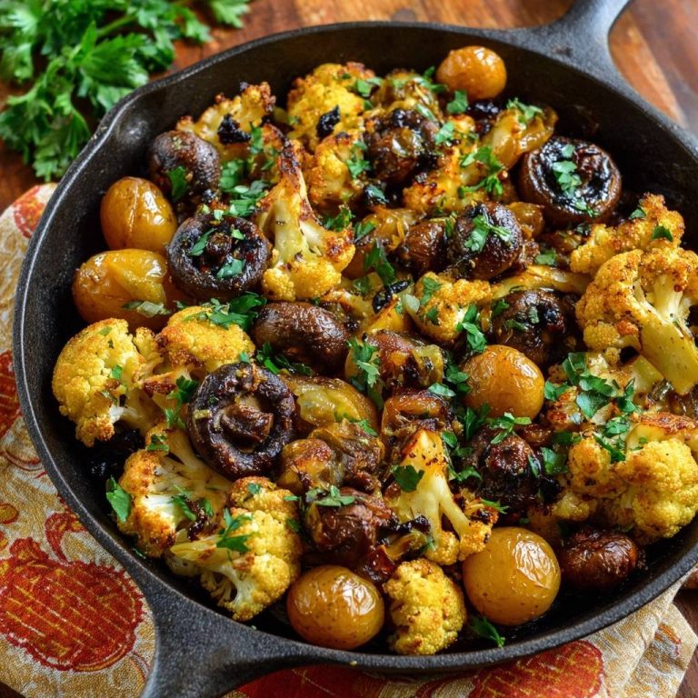 Knuspriger Pfannen-Blütenkohl mit Champignons und Perlenzwiebeln, garniert mit frischer Petersilie in einer gusseisernen Pfanne.