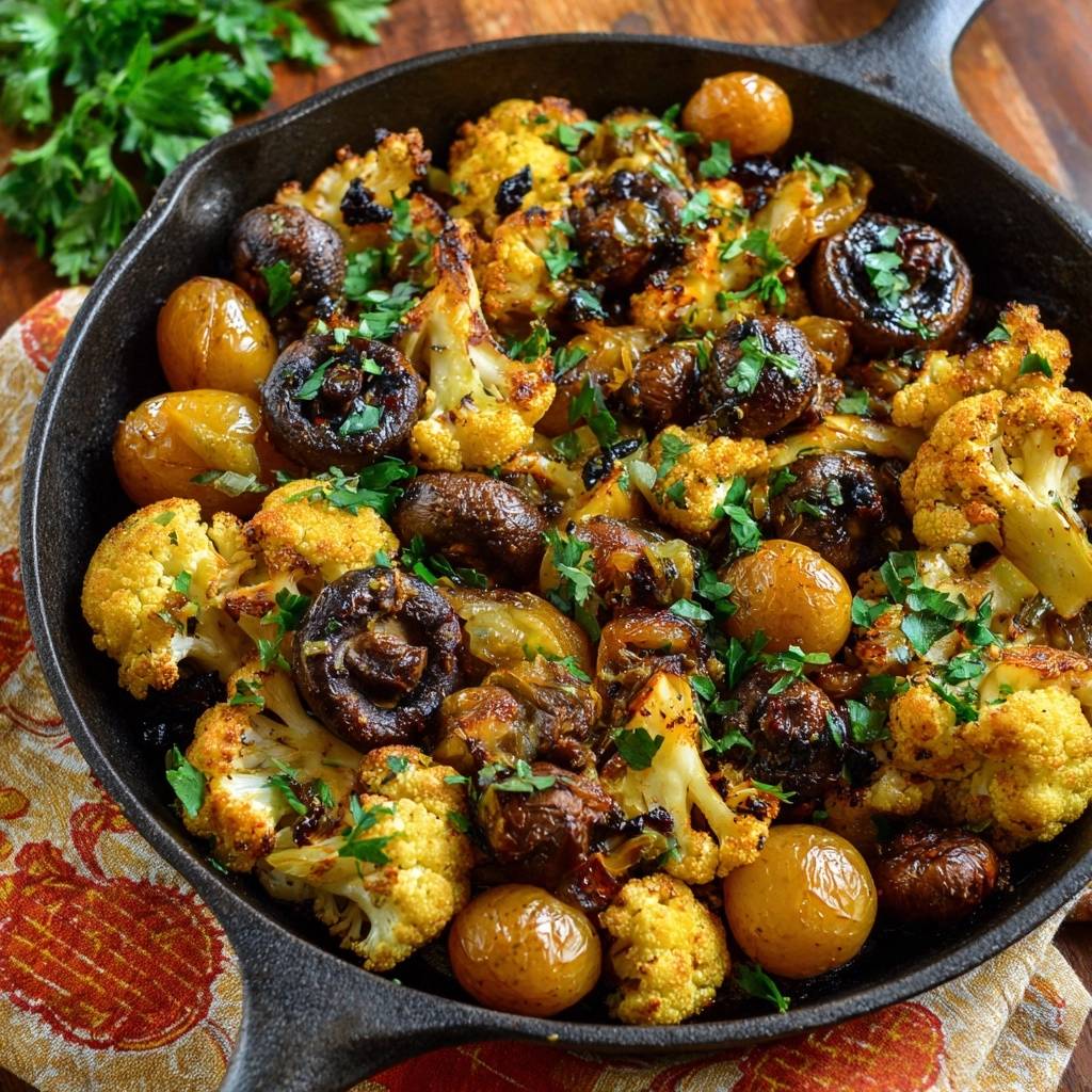 Knuspriger Pfannen-Blütenkohl mit Champignons und Perlenzwiebeln, garniert mit frischer Petersilie in einer gusseisernen Pfanne.