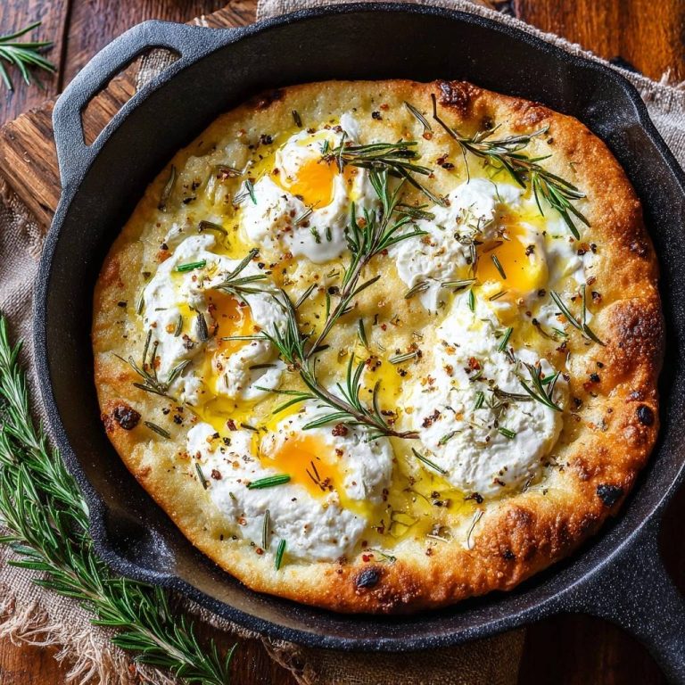 Pfannen-Focaccia mit Rosmarin, Feta & Eiern von oben in einer Gusseisenpfanne mit geschmolzenem Käse und Rosmarin garniert.