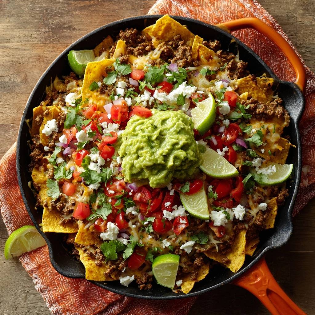 Ultimative Pfannen-Nachos, von oben mit Hackfleisch, Guacamole, Tomaten und Käse garniert in einer gusseisernen Pfanne.