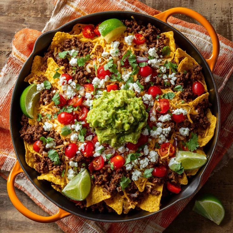 Ultimative Pfannen-Nachos mit Guacamole und Hackfleisch, von oben in einer gusseisernen Pfanne serviert.