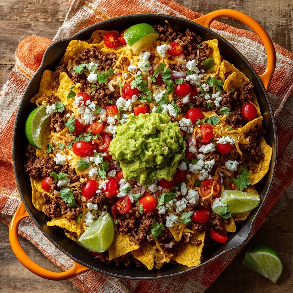 Ultimative Pfannen-Nachos mit Guacamole und Hackfleisch, von oben in einer gusseisernen Pfanne serviert.