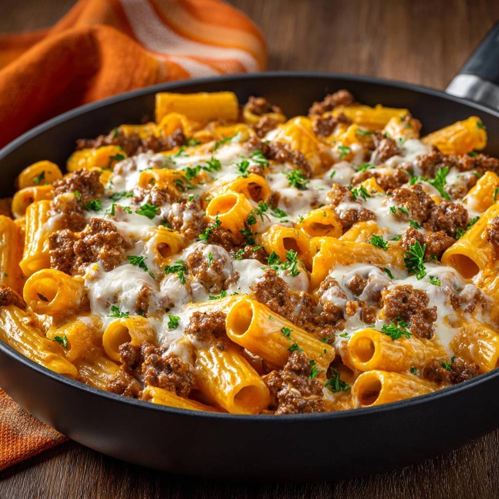 Pfannen-Rigatoni mit saftiger Hacksoße als Nahaufnahme mit geschmolzenem Käse und Petersilie garniert.
