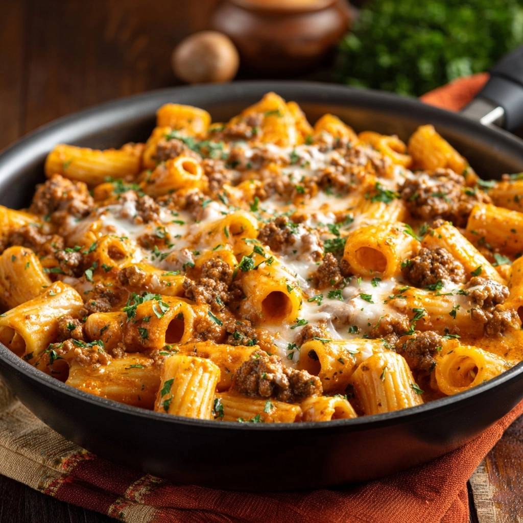 Pfannen-Rigatoni mit saftiger Hacksoße, nahaufnahme der cremigen Nudeln mit geschmolzenem Käse und Petersilie garniert