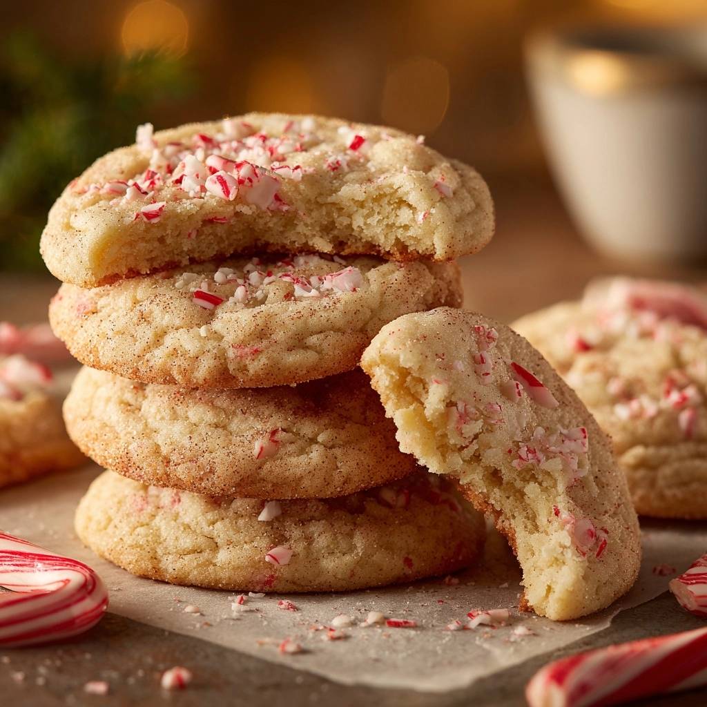 Pfefferminz-Snickerdoodles angeschnitten, die gezeigt werden, wie sie mit zerstoßenen Pfefferminzbonbons bestreut sind.