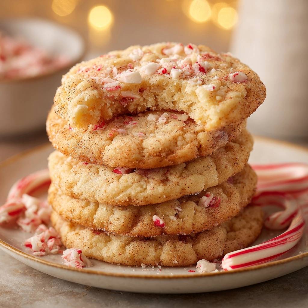 Pfefferminz-Snickerdoodles, angeschnitten und gestapelt, zeigen ein zartes Inneres mit zerstoßenen Pfefferminzstücken.