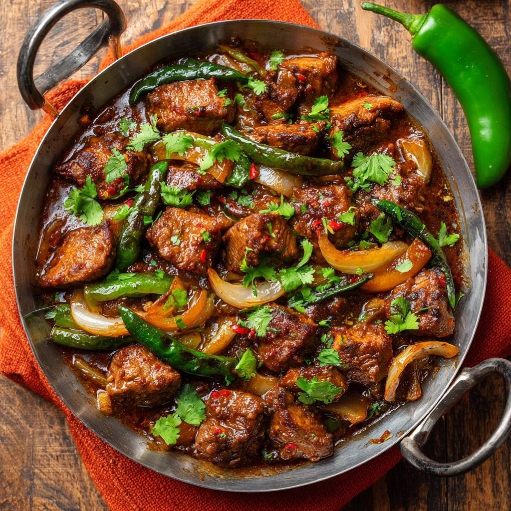 Pikantes Rindfleisch-Curry mit Chili in einer Metallpfanne serviert mit frischem Koriander und grünen Chilis.