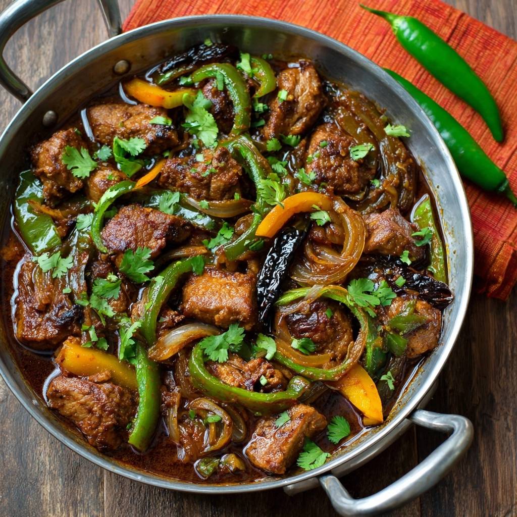 Pikantes Rindfleisch-Curry mit Chili, Nahaufnahme der fleischigen Stücke und Gemüse, garniert mit Koriander