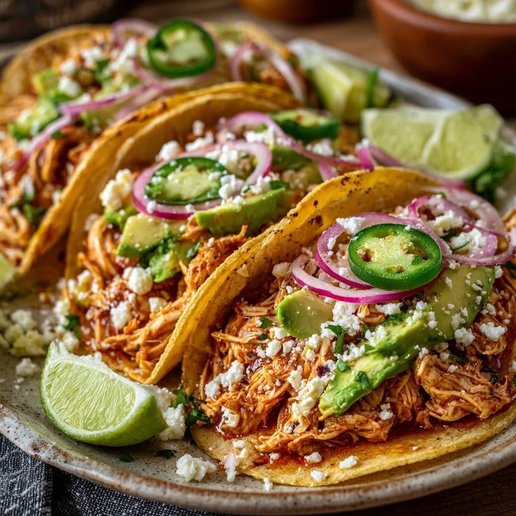Saftige Pulled Chicken Tacos mit Avocado, Jalapeños und Queso Fresco, nahaufnahme garniert mit Limette