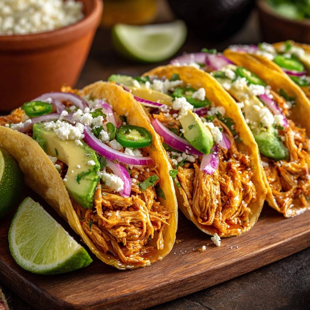Saftige Pulled Chicken Tacos Rezept, Nahaufnahme der gefüllten Tacos mit Avocado und Jalapeños auf einem Holzbrett.