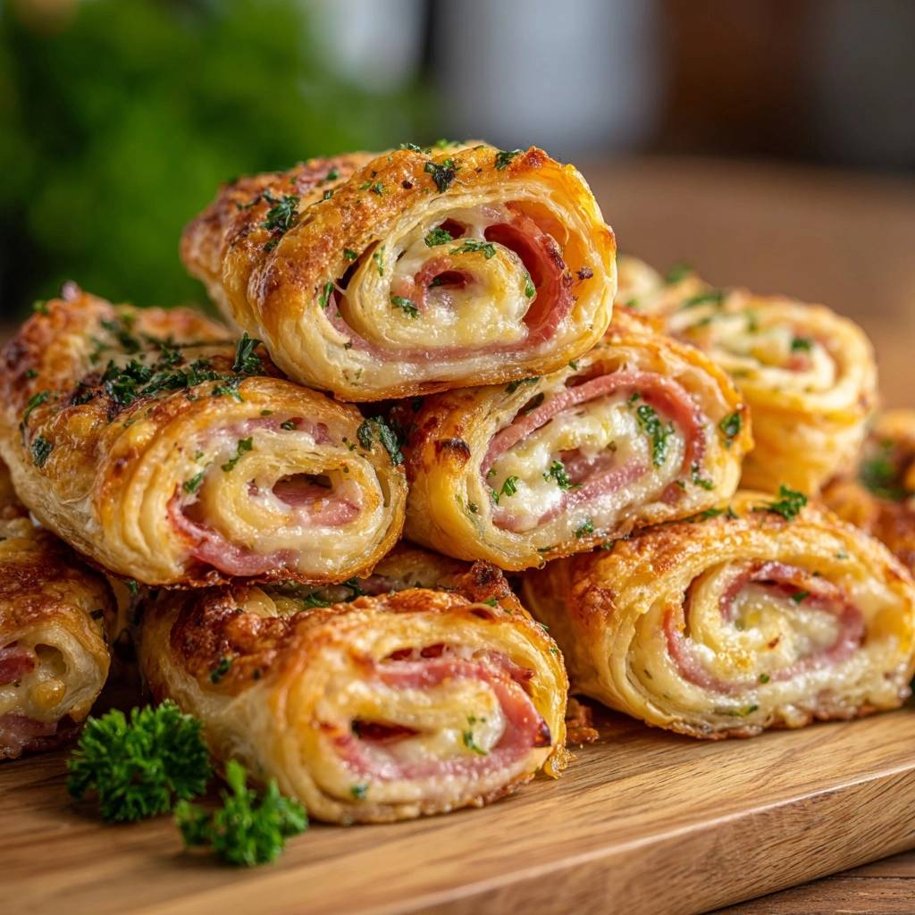Knusprige Pute-Käse-Blätterteigrollen angeschnitten, die innen mit Schinken und geschmolzenem Käse gefüllt sind.