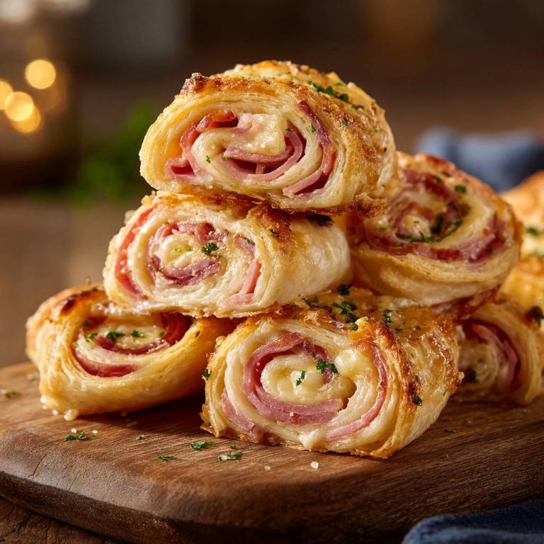 Knusprige Pute-Käse-Blätterteigrollen im Querschnitt mit geschmolzenem Käse und Schinken, garniert mit Petersilie.