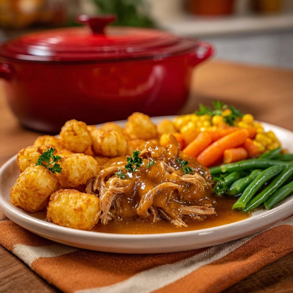Zarter Puten-Zupfbraten mit Knusper-Tots und frischem Gemüse auf einem Teller serviert, daneben ein roter Topf