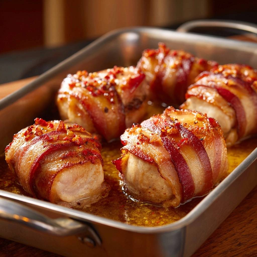 Saftige Putenbacon-Hähnchen-Röllchen im Backblech, mit Speck umwickelt und goldbraun gebacken.