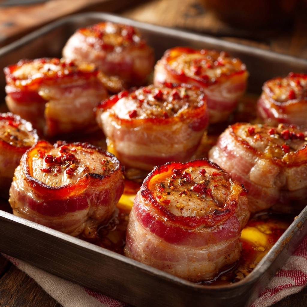 Saftige Putenbacon-Hähnchen-Röllchen im Backblech, nahaufnahme mit roten Pfefferkörnern und saftigem Bratensaft.