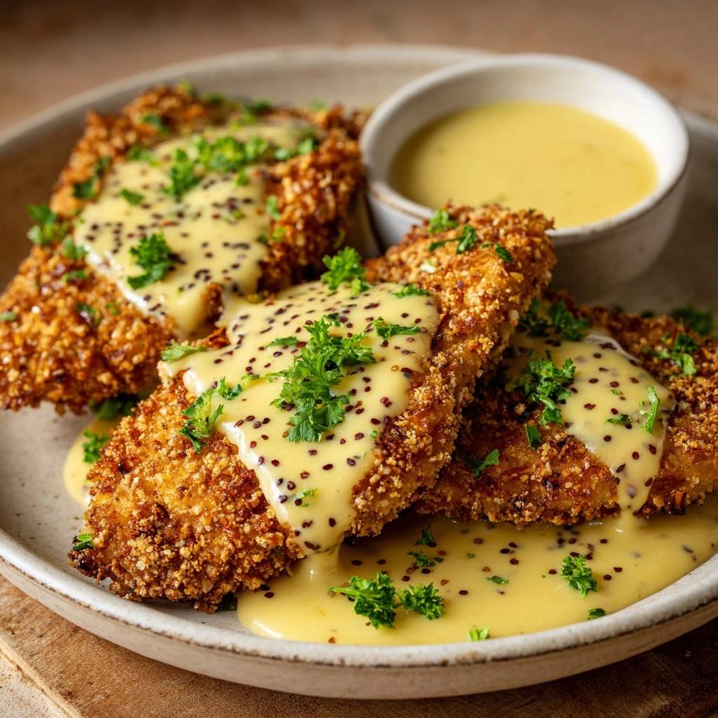Knuspriges Quinoa-Hähnchen mit Senfsauce, serviert auf einem Teller und garniert mit frischer Petersilie und Senfkörnern.