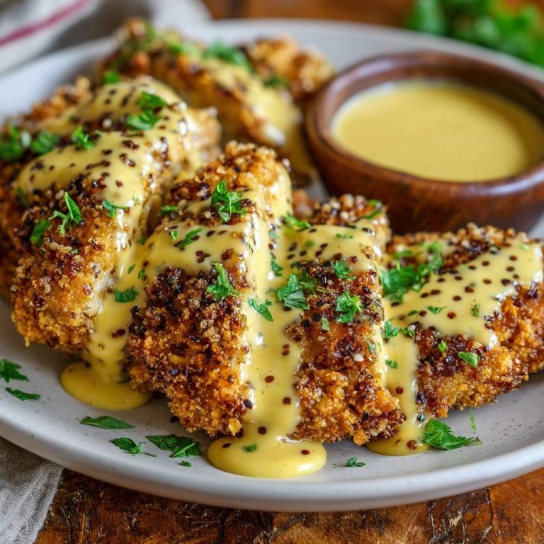 Knuspriges Quinoa-Hähnchen mit Senfsauce, detailreich garniert mit frischer Petersilie und der cremigen Sauce.