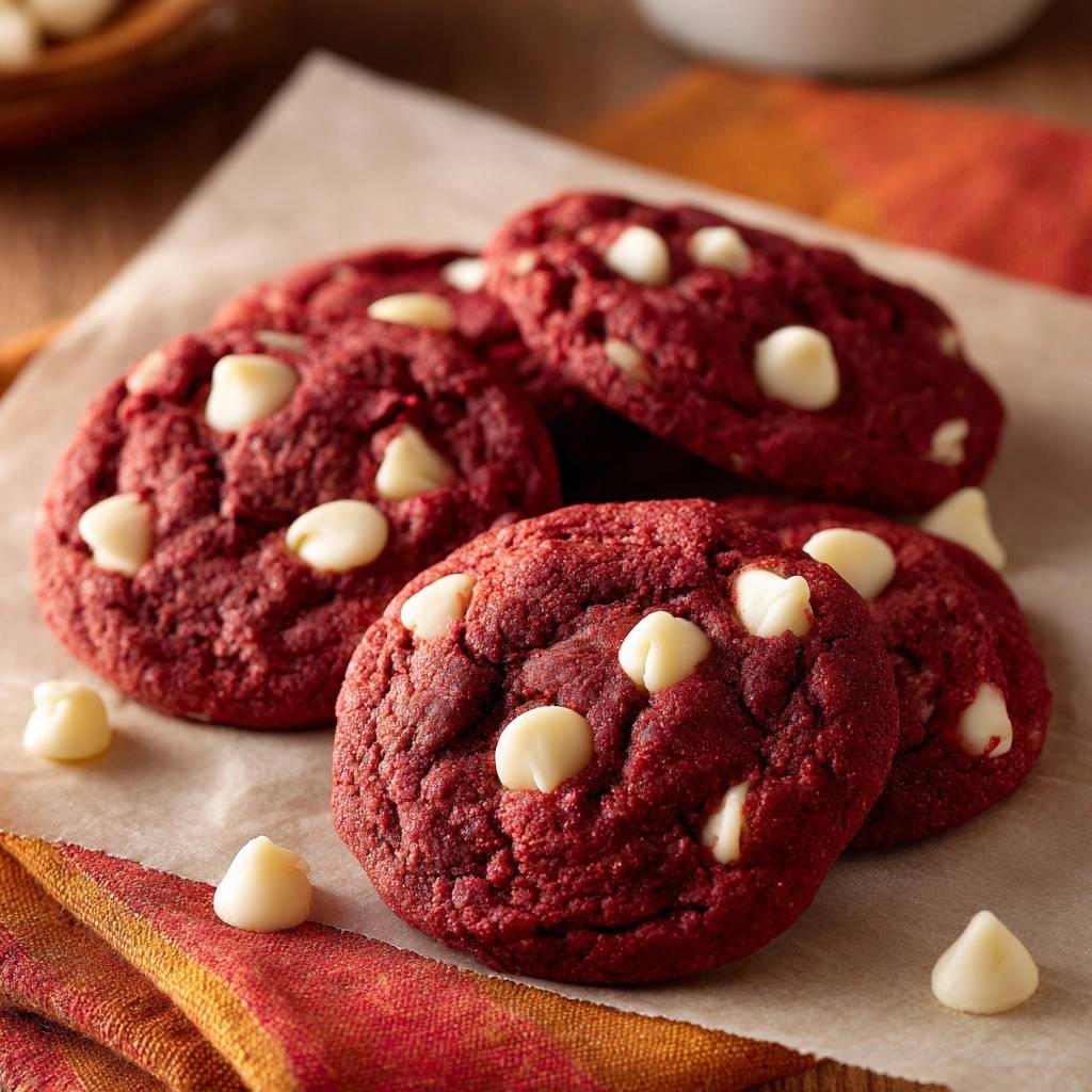 Red Velvet Cookies mit White Chocolate Chips, nahaufnahme der roten Kekse mit weißen Schokoladenstückchen und einem einzelnen Keks im Vordergrund.