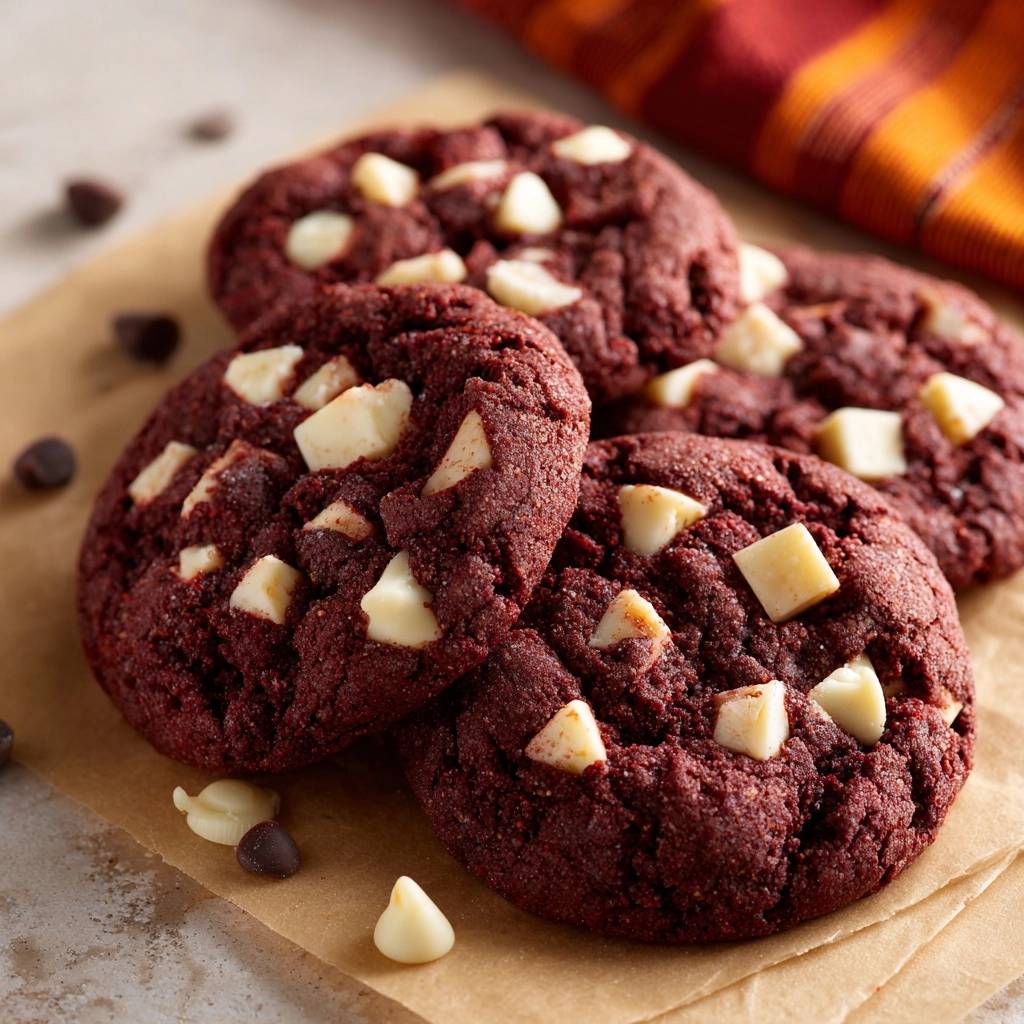 Red Velvet Cookies mit White Chocolate Chips als Nahaufnahme mit vielen Schokoladenstückchen.