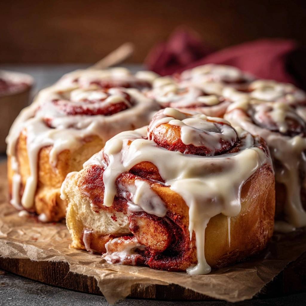 Red Velvet Zimtschnecken angeschnitten mit üppigem Frischkäse-Frosting, das innen fluffig und saftig ist