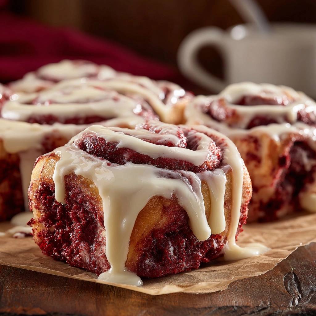 Red Velvet Zimtschnecken mit dicker, weißer Glasur, die auf den gebackenen Schnecken herunterläuft