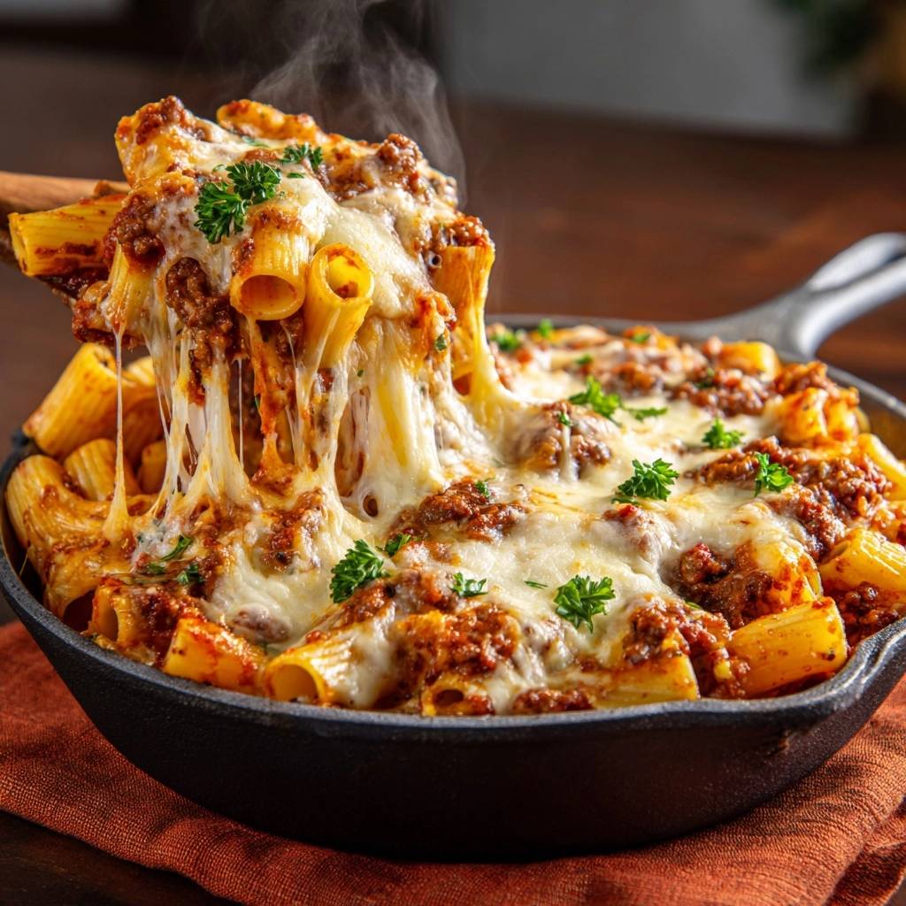 Rigatoni al Forno mit Hackfleisch, serviert in einer Pfanne mit zart schmelzendem Käse und frischer Petersilie.