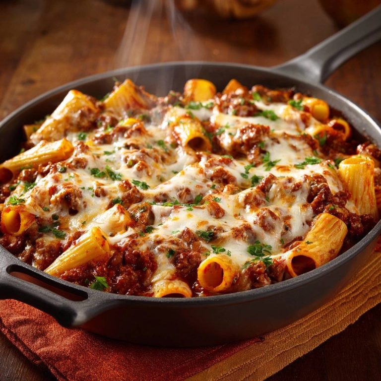 Rigatoni al forno mit Hackfleisch, heiss und dampfend direkt aus der Pfanne mit geschmolzenem Käse und Petersilie garniert.