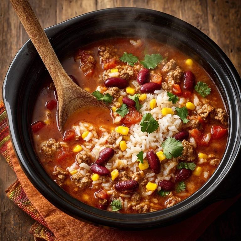 Würziges Rinder-Chili mit Bohnen, Mais und Reis, eine Nahaufnahme mit einem Holzlöffel, der aus der Schüssel ragt.