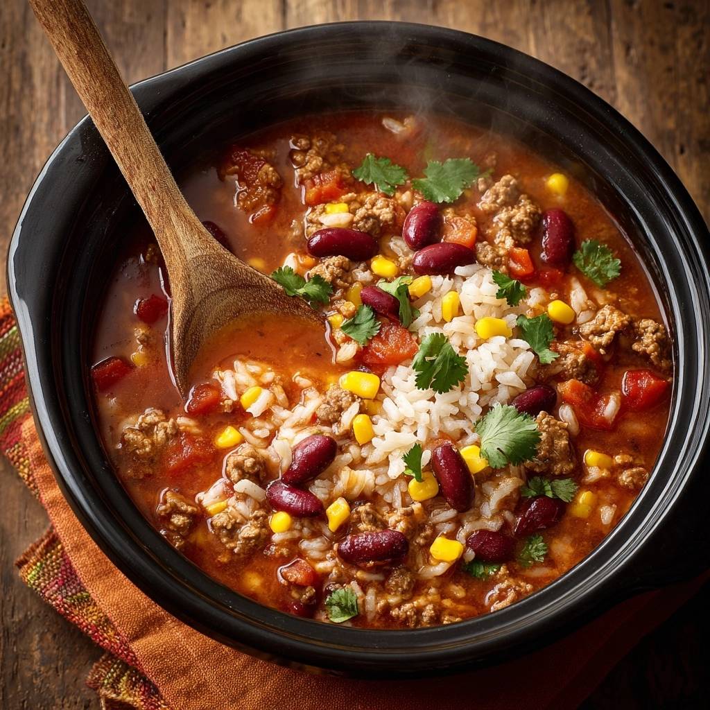 Würziges Rinder-Chili mit Bohnen, Mais und Reis, eine Nahaufnahme mit einem Holzlöffel, der aus der Schüssel ragt.
