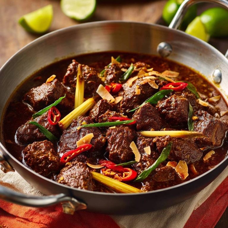 Aromatisches Rinder-Rendang mit frischer Garnitur aus Chili, Ingwer und Kokosflocken im Detail