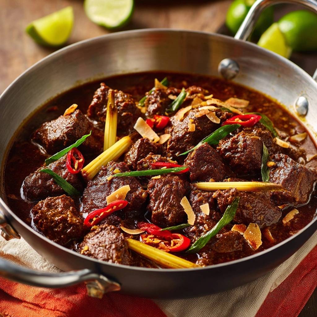 Aromatisches Rinder-Rendang mit frischer Garnitur aus Chili, Ingwer und Kokosflocken im Detail