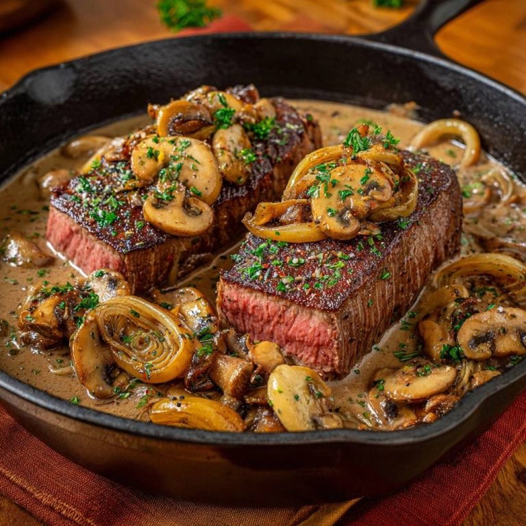 Saftiges Rinderfilet mit Pilz-Zwiebel-Rahmsoße, im Anschnitt mit rosa Kern und cremiger Soße, in einer Gusseisenpfanne serviert.