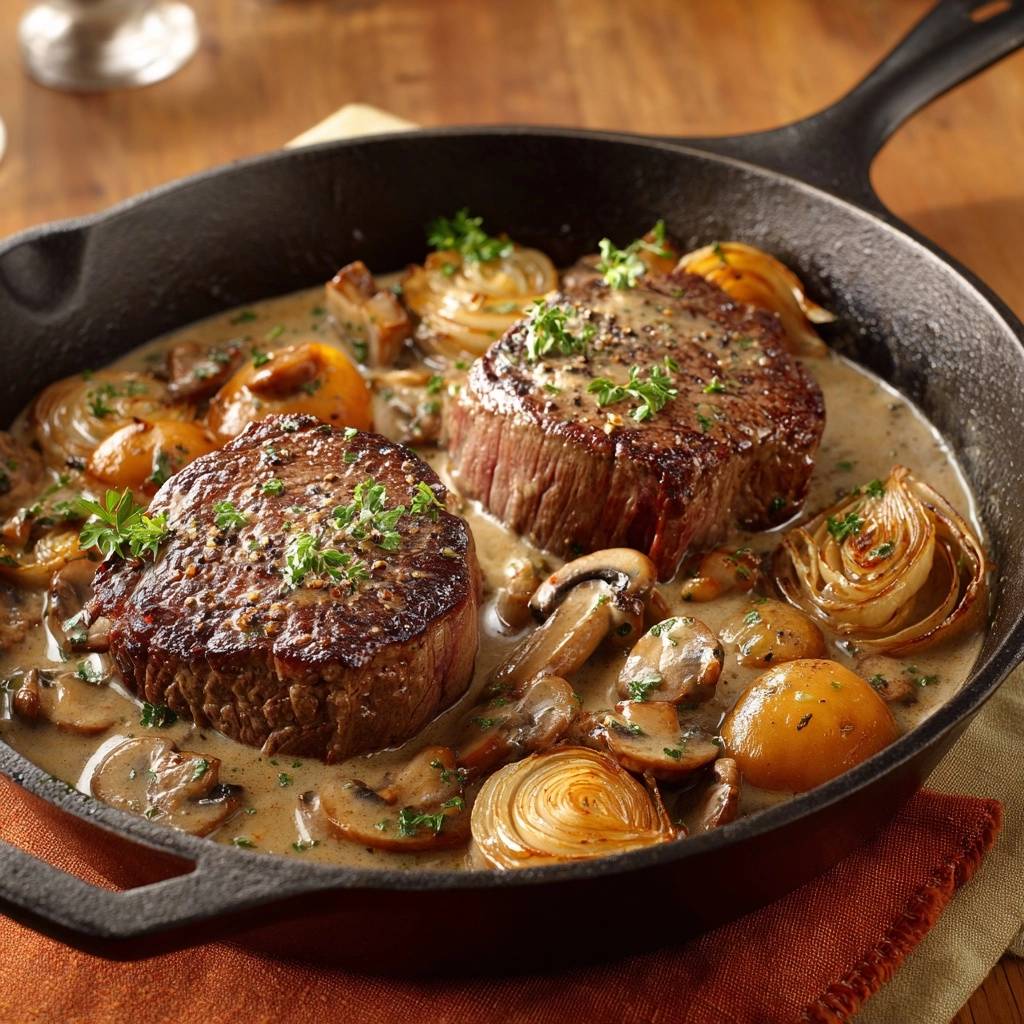 Saftiges Rinderfilet mit Pilz-Zwiebel-Rahmsoße in einer Gusseisenpfanne serviert, mit frischer Petersilie garniert.