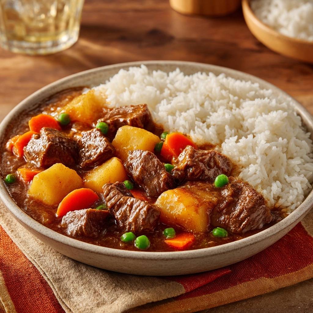 Herzhaftes Rindergulasch mit Gemüse, serviert auf einem Teller mit Reis und Kartoffeln, Nahaufnahme