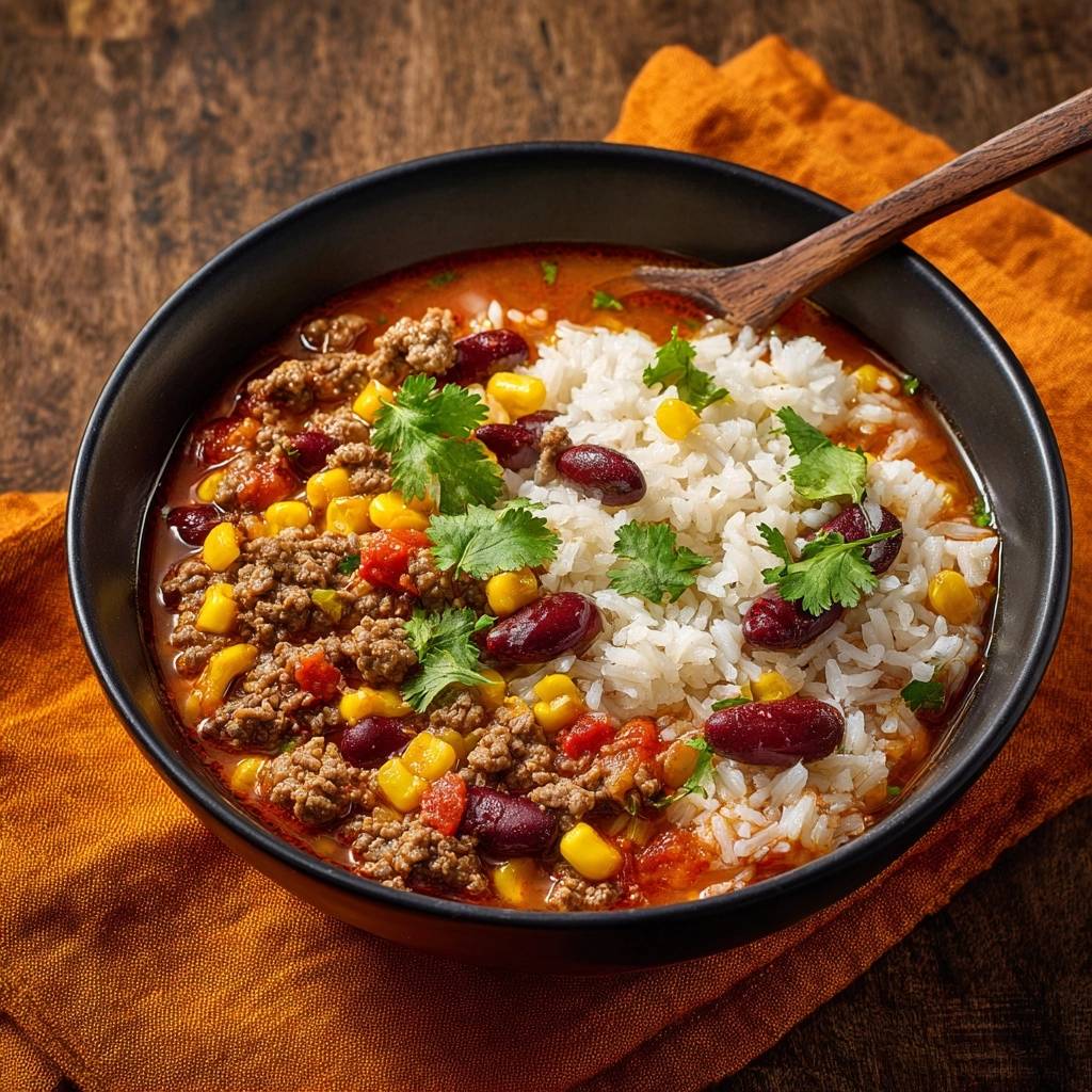 Würziges Rinder-Chili mit Bohnen, Mais und Reis, serviert in einer schwarzen Schüssel mit einem Holzlöffel.