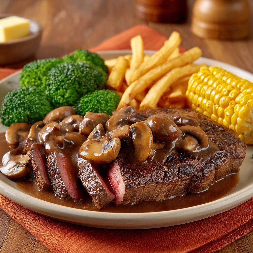 Saftiges Rindersteak mit Pilz-Rahm-Sauce, angeschnitten und mit Pilzen belegt, serviert mit Beilagen