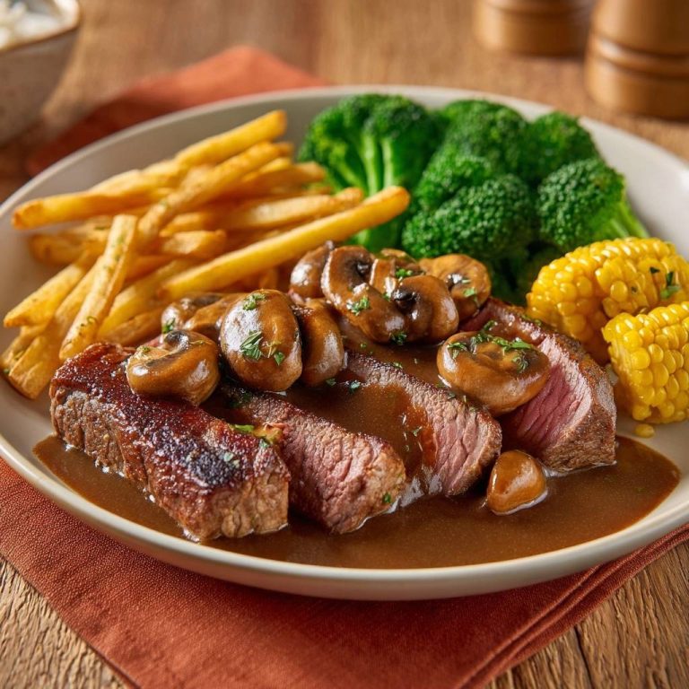 Saftiges Rindersteak mit Pilz-Rahm-Sauce, angeschnitten und mit frischen Beilagen serviert