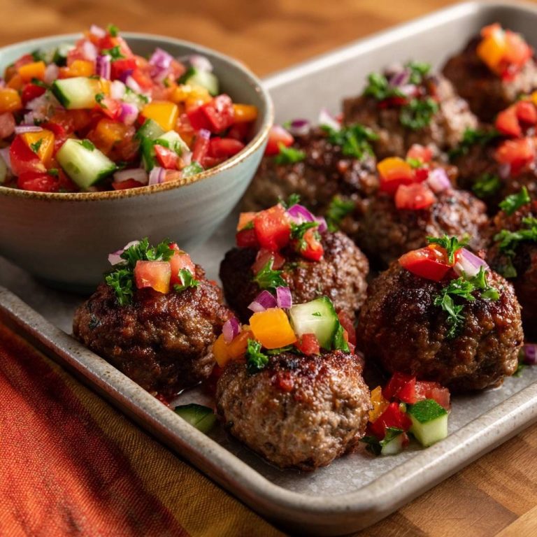 Saftige Rindfleisch-Bällchen mit frischer Regenbogen-Salsa, garniert mit gehackter Petersilie und Gemüsewürfeln.