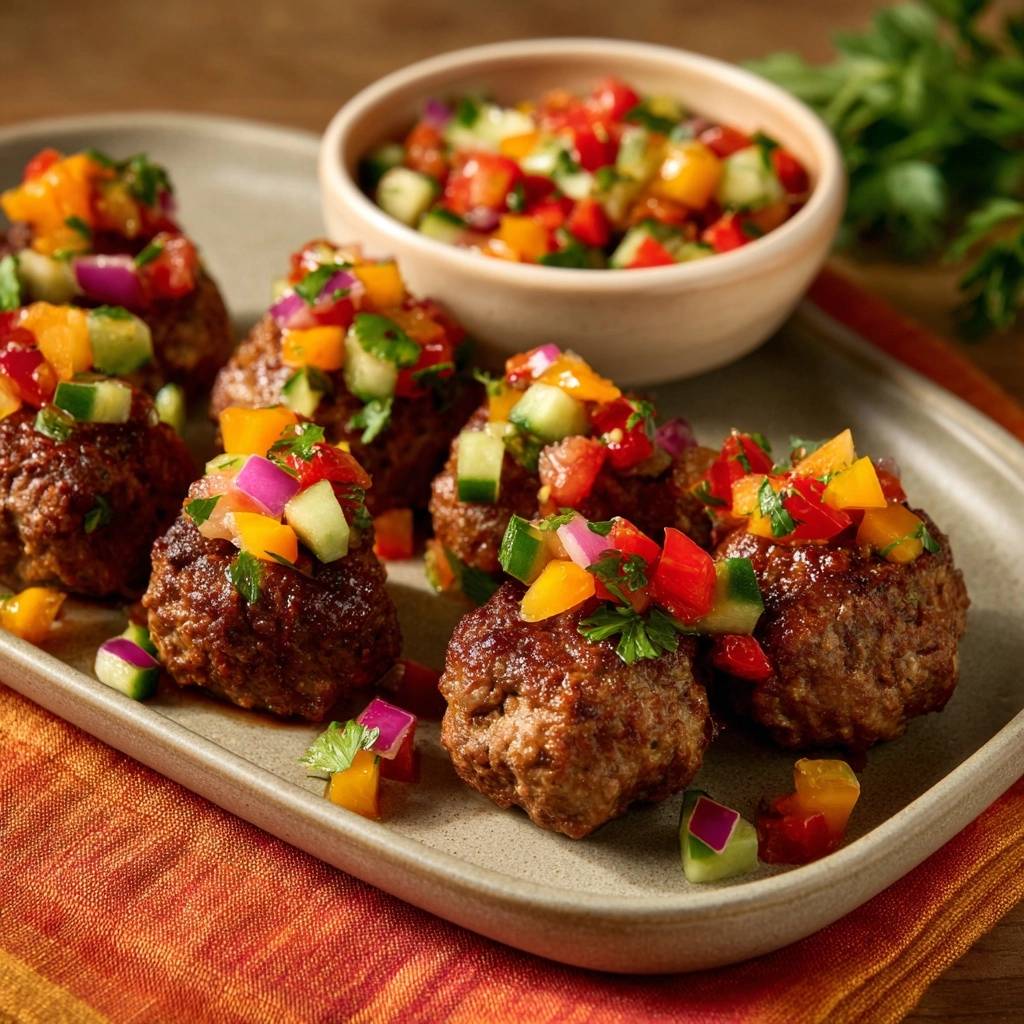 Saftige Rindfleisch-Bällchen mit frischer Regenbogen-Salsa, garniert mit bunter Salsa und Petersilie, auf einem Teller serviert.