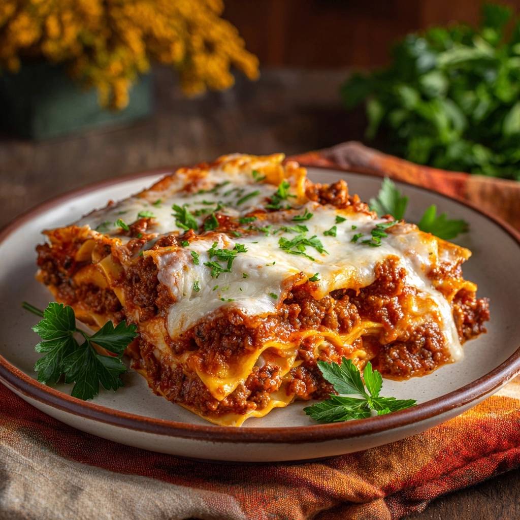 Perfekte Rindfleisch-Lasagne angeschnitten auf einem Teller mit frischer Petersilie garniert, Nahaufnahme der Schichten.
