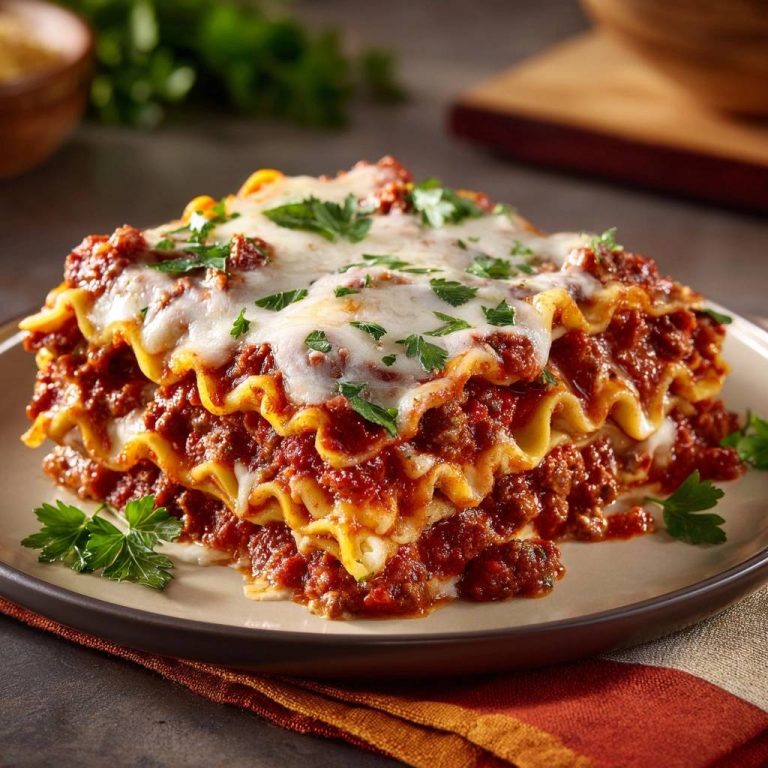Perfekte Rindfleisch-Lasagne angeschnitten auf einem Teller, mit geschmolzenem Käse und frischer Petersilie garniert.