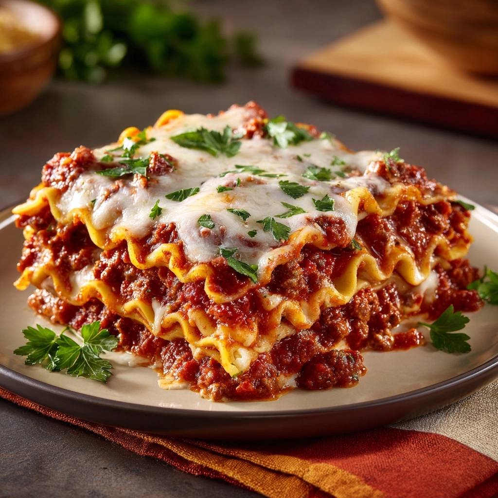 Perfekte Rindfleisch-Lasagne angeschnitten auf einem Teller, mit geschmolzenem Käse und frischer Petersilie garniert.