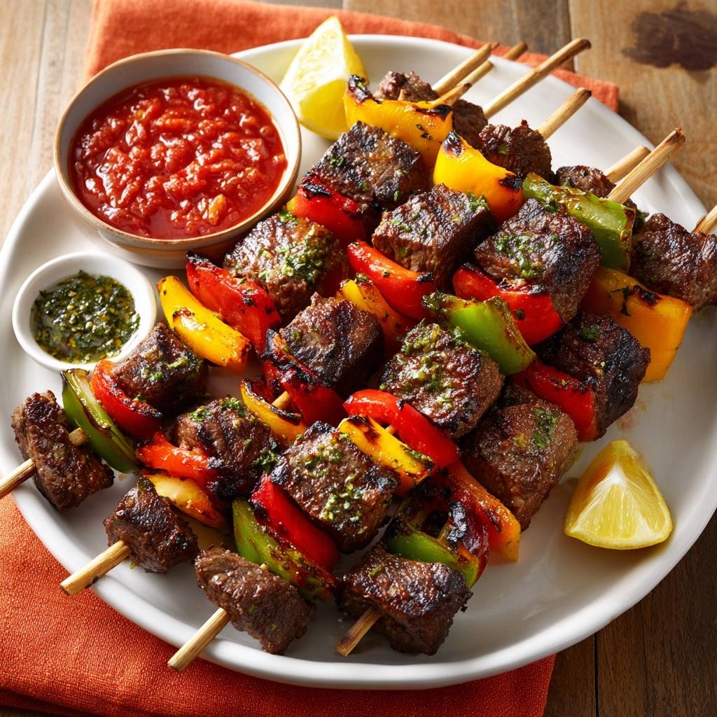 Saftige Rindfleisch-Paprika-Spieße mit Dip und Zitrone auf einem Teller serviert, Nahaufnahme der gegrillten Spieße.